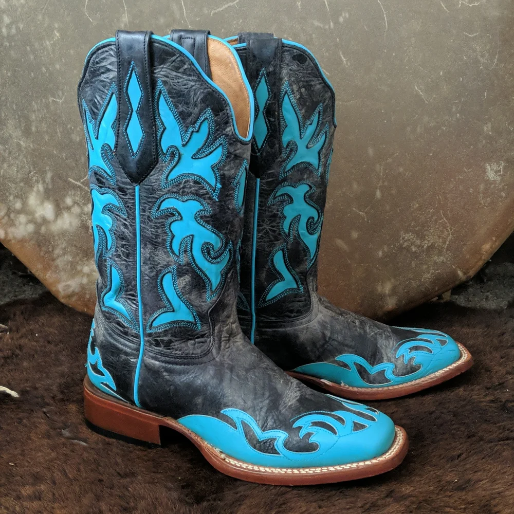 JOHNNY RINGO E1385 charcoal gray & turquoise wing tip boots square toe sz 6.5B - Picture 7 of 16
